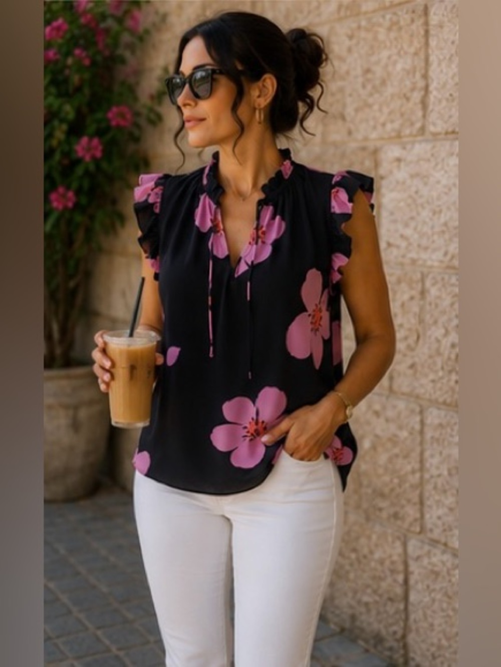 Kate Spade Floral Ruffle Sleeveless Top – Black Pink Flower Print Size Small